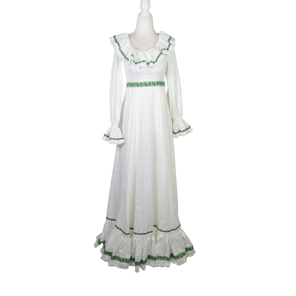Vintage 70s white floral frilly prairie maxi dress XS